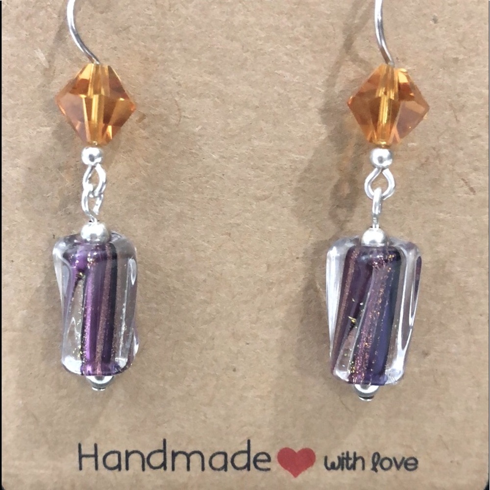 ARTISAN LAMPWORK EARRING - 925 STERLING SILVER DANGLE PURPLE DRUM BARREL BEADS